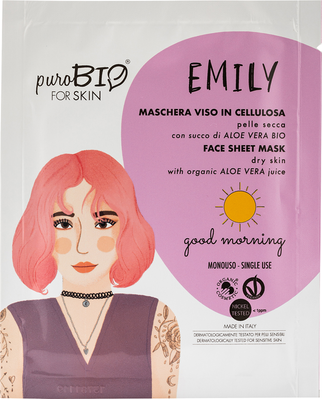 Emily è la maschera in cellulosa pensata per pelle secca di puroBIO FOR SKIN.