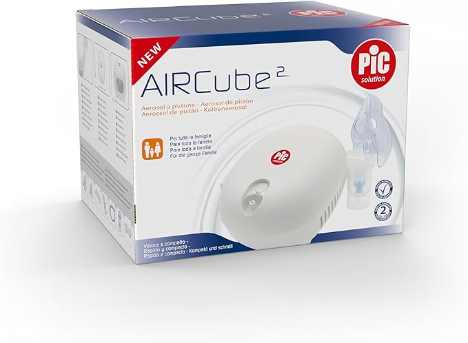 Pic Solution AirCube2 Aerosol a Pistone Silezioso, per Trattamento di Aerosol Terapia, Completo di Accessori, Bianco